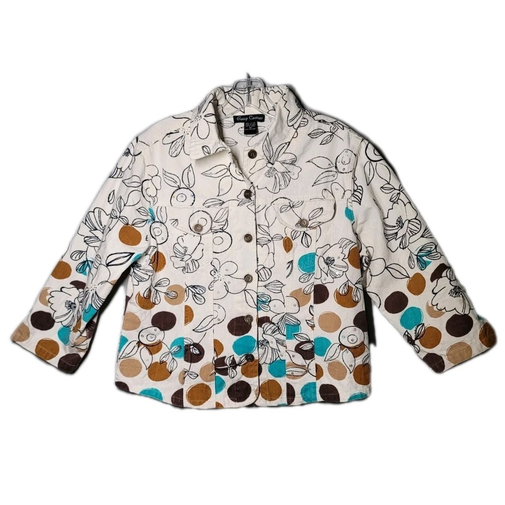 Candy Couture Jacket Women Sz Medium Sequin Print White Brown Teal Floral